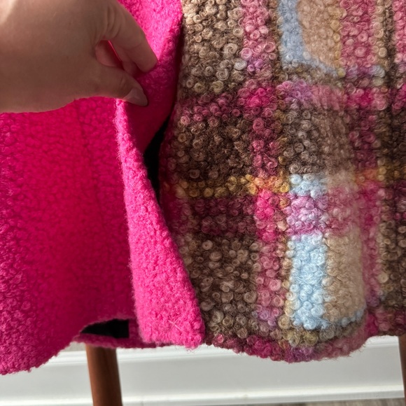 NVLT Boucle Anthropologie Pink Colorblock Teddy Longline Plaid Coat Large - Picture 12 of 14